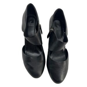 Eileen Fisher Black Leather Wedge Ankle Booties‎ Side Zip Cutout Women 8.5